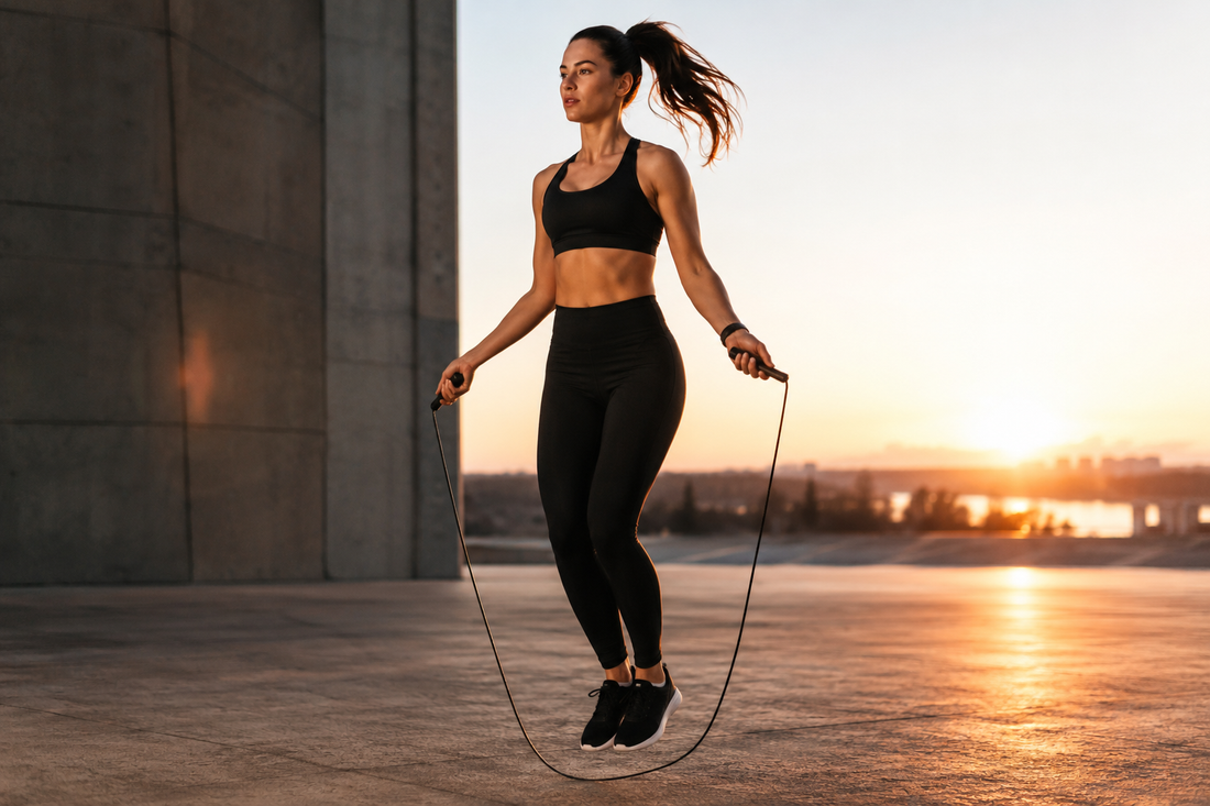 Sportieve vrouw springtouwt buiten tijdens zonsondergang als intensieve cardio workout voor conditie en fitheid